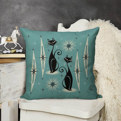 Mid Century Meow on Blue - Large Scale Linen Throw Pillow Cover