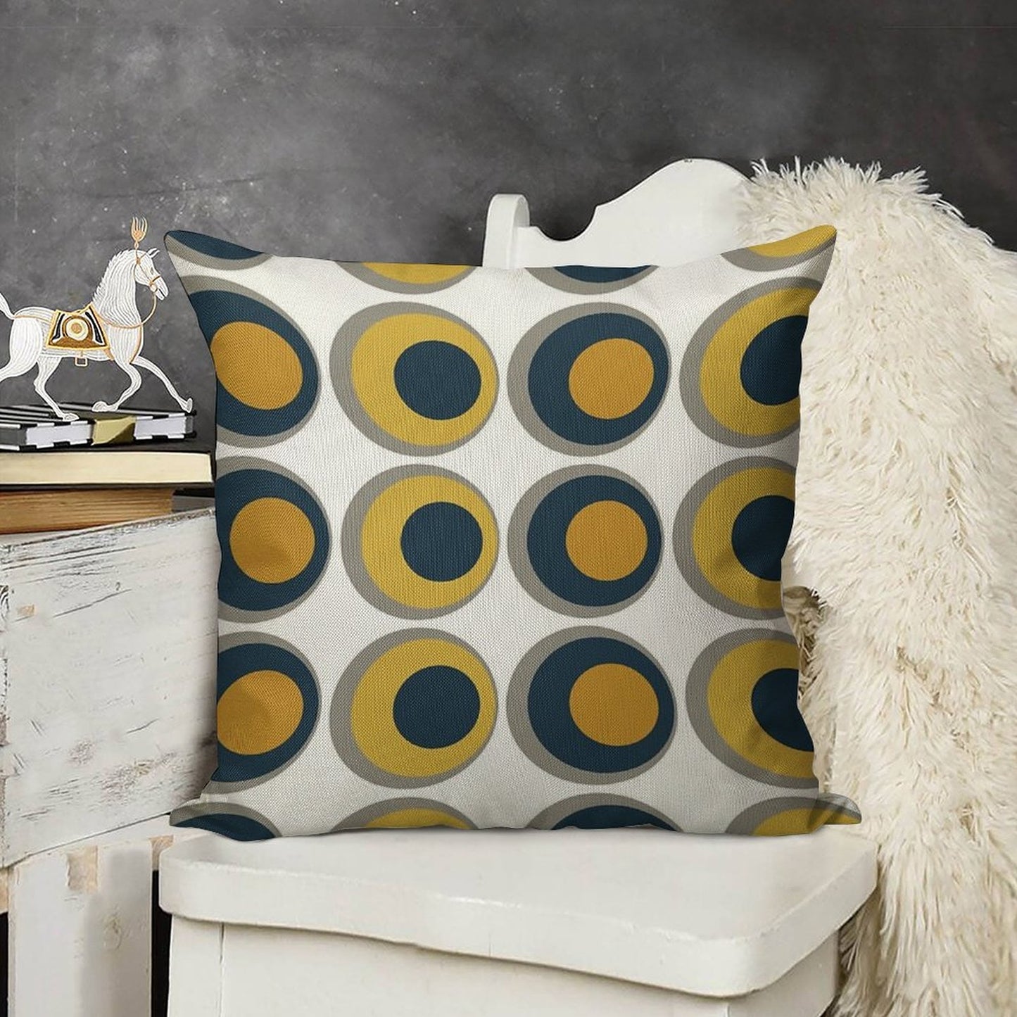 Double Dots Retro Pattern in Light And Dark Mustard Yellow, Navy Blue, Grey, And White Linen Throw Pillow Cover