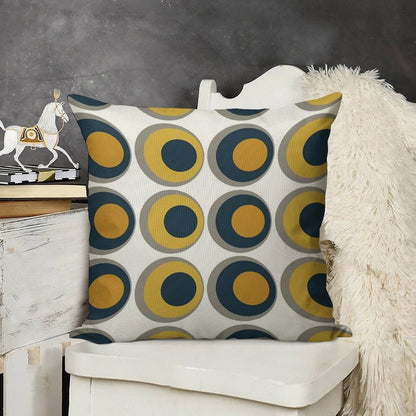 Double Dots Retro Pattern in Light And Dark Mustard Yellow, Navy Blue, Grey, And White Linen Throw Pillow Cover