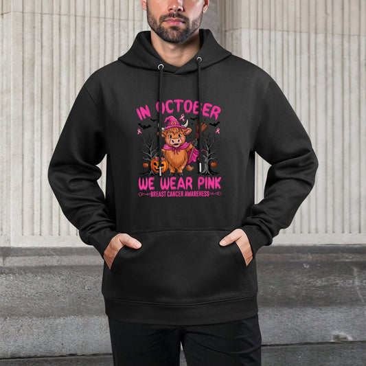 Highland Cow In October We Wear Pink Breast Cancer Halloween Colorfast Hoodie