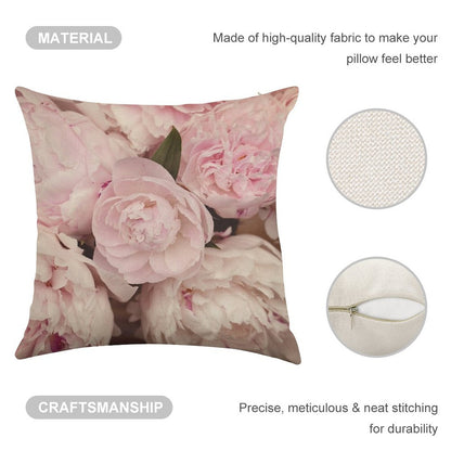 Pink Peony Flowers Linen Throw Pillow Cover