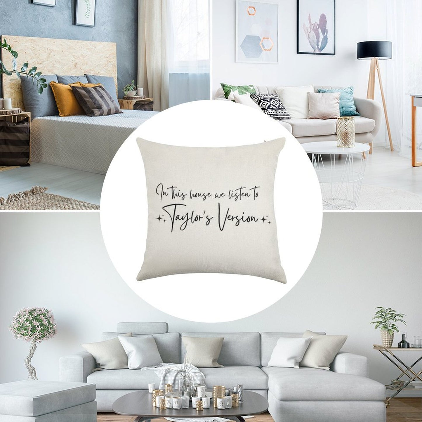 In This House We Listen to Taylor's Version Linen Throw Pillow Cover