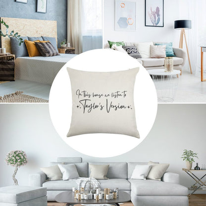 In This House We Listen to Taylor's Version Linen Throw Pillow Cover