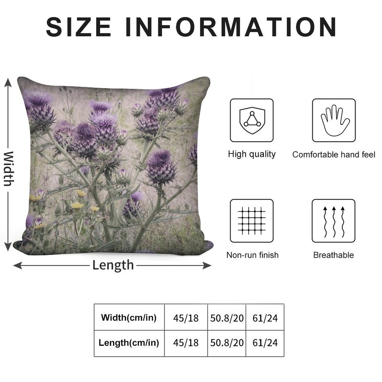Purple Thistle Flowers with Yellow Daisies. Soft Reinforced Edging Throw Pillow