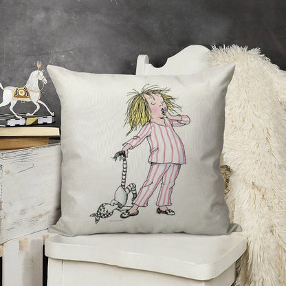 Yawning Eloise in Her Pajamas Linen Throw Pillow Cover