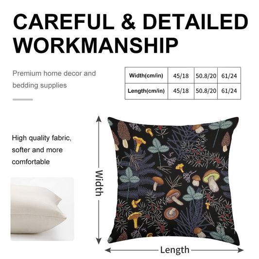Dark Wild Forest Mushrooms Linen Throw Pillow Cover