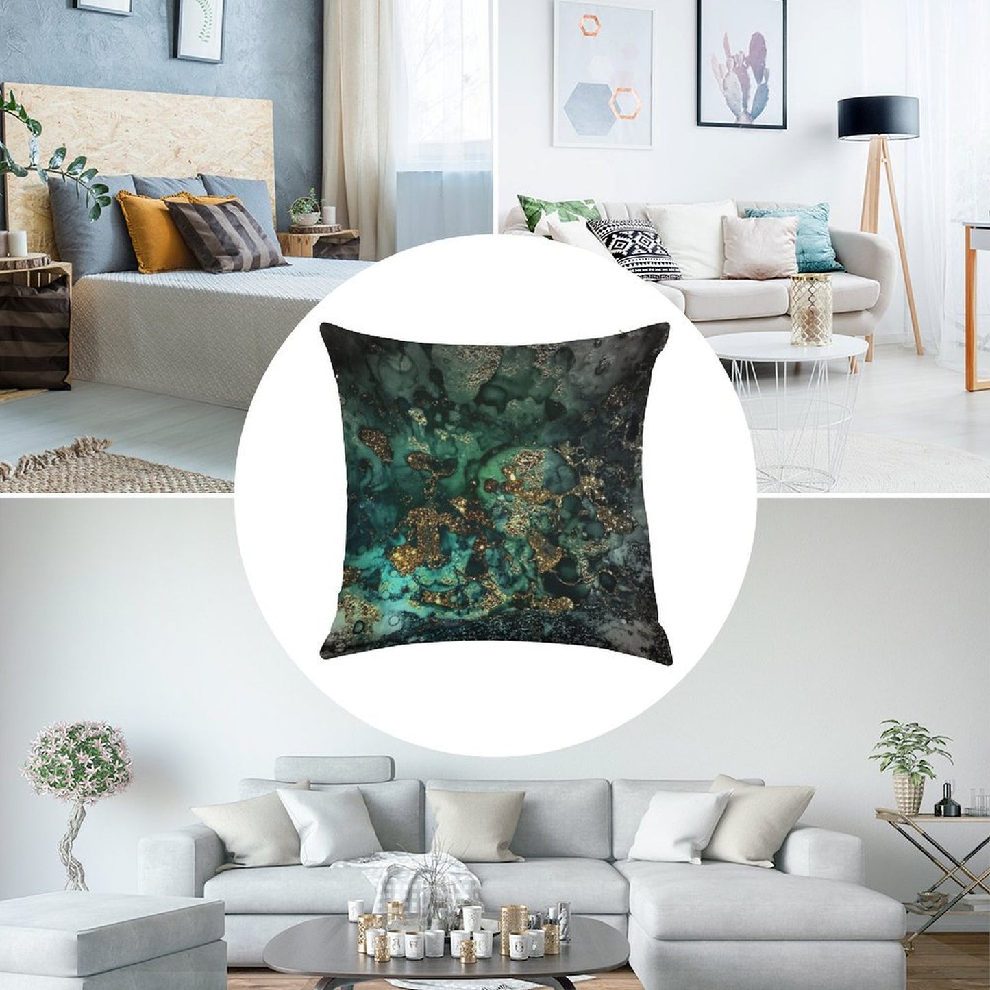 Gold Indigo Faux Malachite Marble Linen Throw Pillow Cover