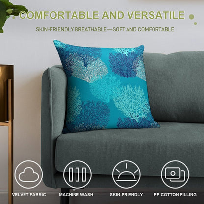 Fan Coral Print, Turquoise, Aqua And Cobalt Blue Soft Durable Construction Throw Pillow
