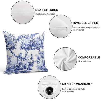 Blue Chinoiserie Toile Soft Hidden Zipper Throw Pillow