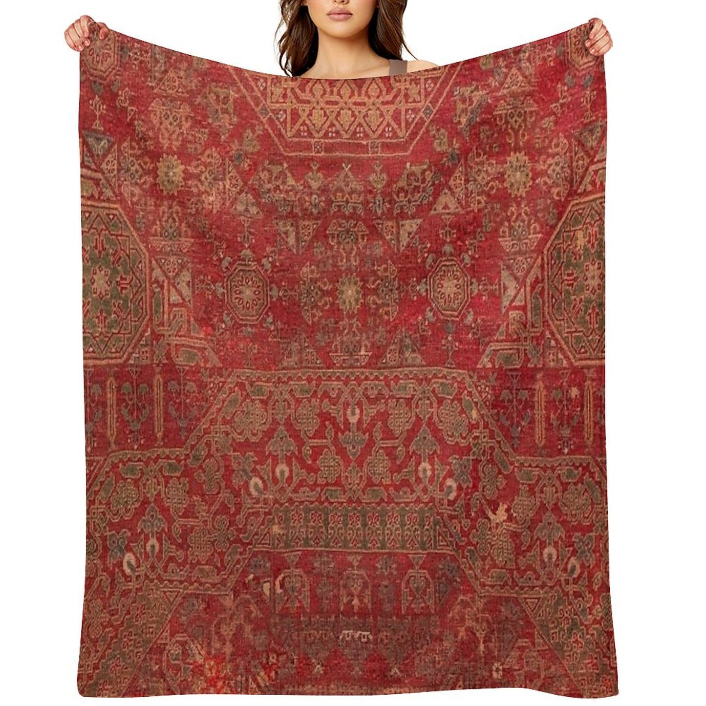 Bohemian Medallion II  15th Century Old Distressed Red Green Colorful Ornate Accent Rug Pattern Throw Blanket