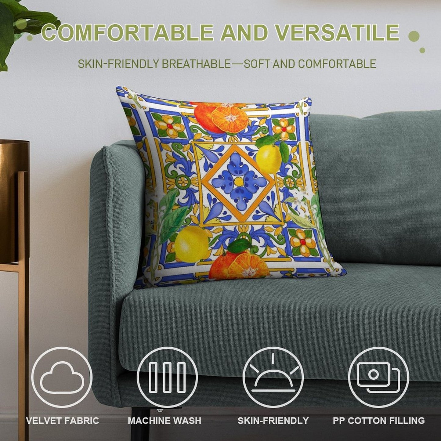 Summer ,Sicilian Tiles ,citrus,oranges,majolica,lemons ,Mediterranean Soft Gift Ready Throw Pillow