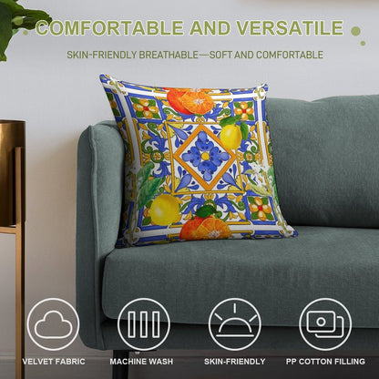 Summer ,Sicilian Tiles ,citrus,oranges,majolica,lemons ,Mediterranean Soft Gift Ready Throw Pillow
