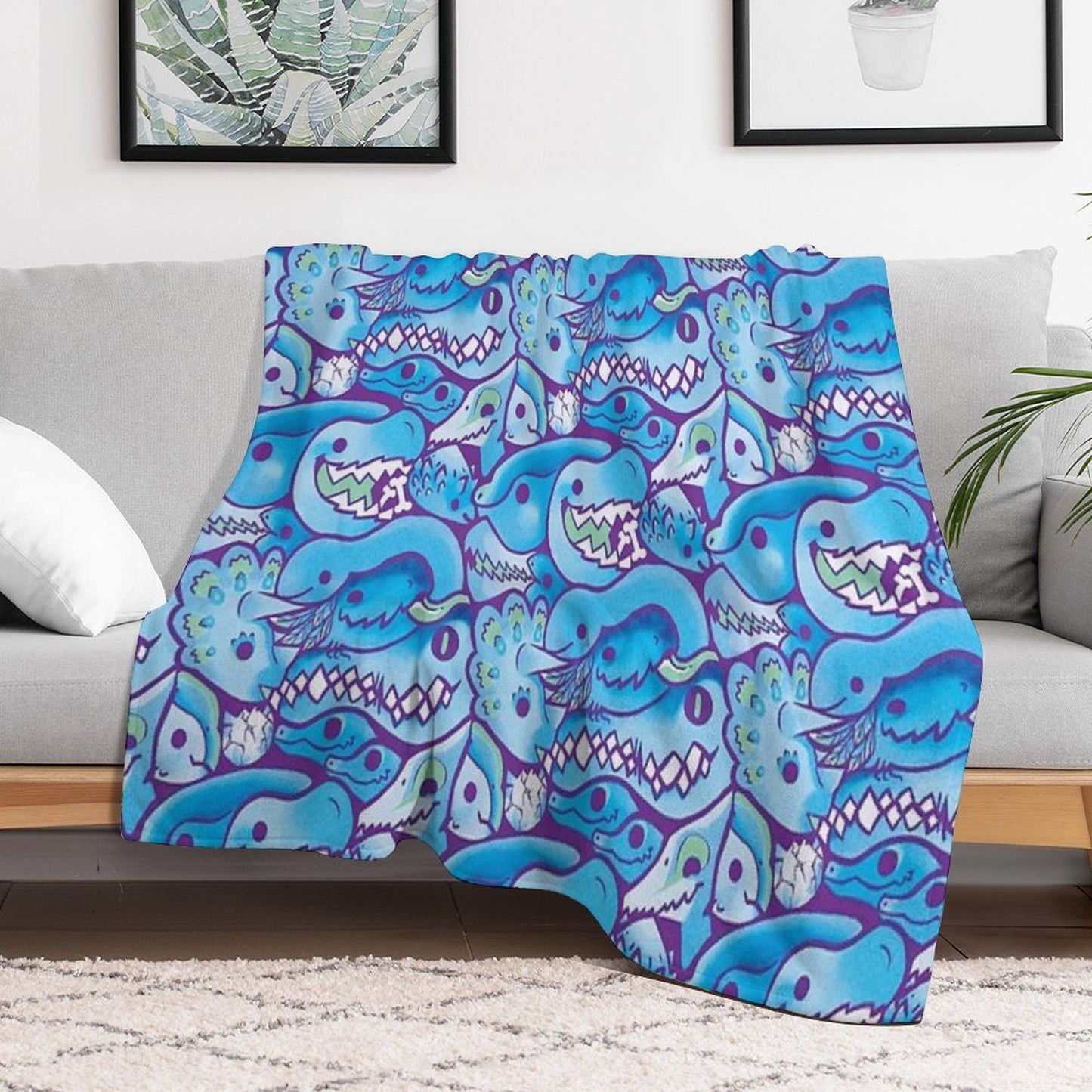 Dinosaur Pattern in Blue Throw Blanket