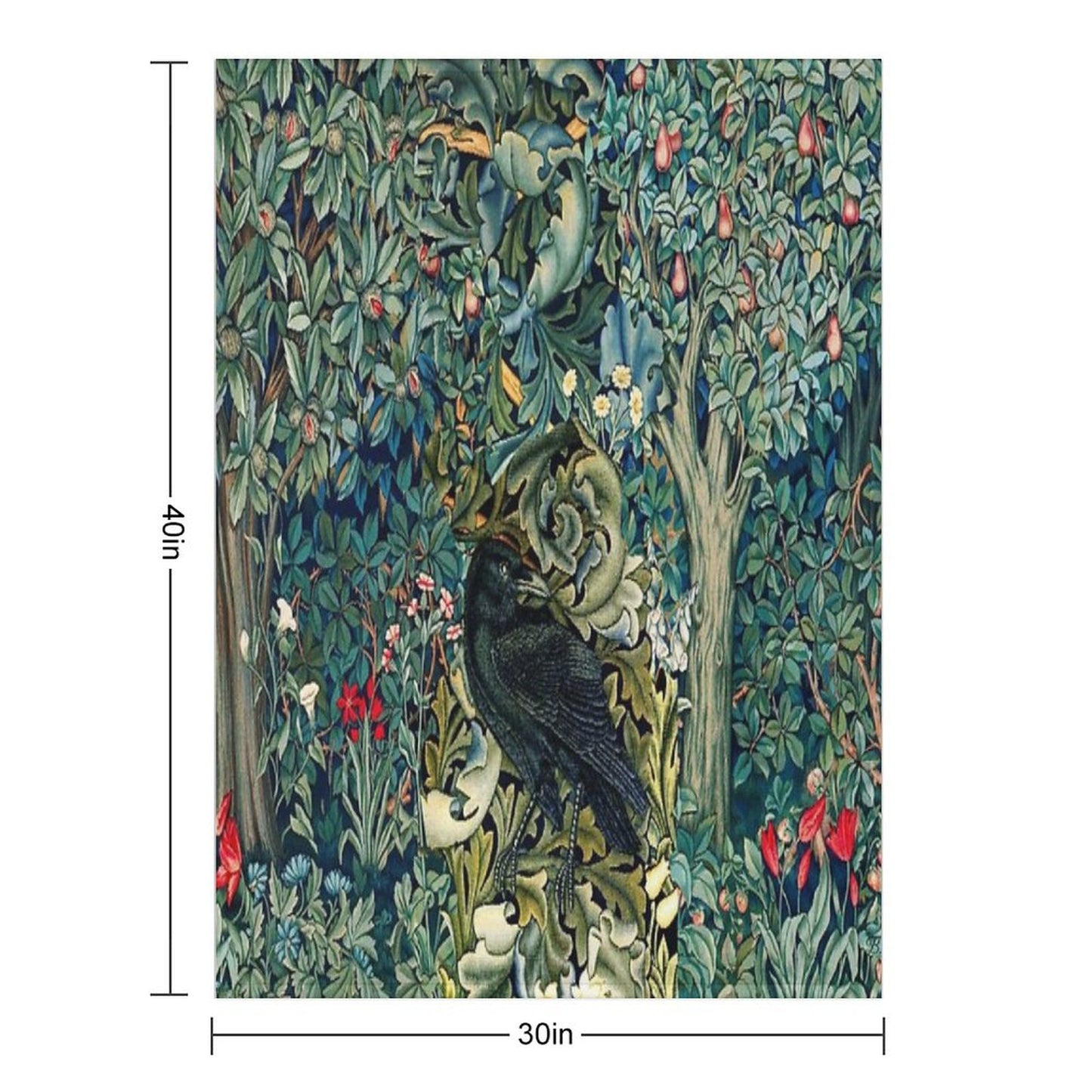 GREENERY, FOREST ANIMALS ,RAVEN ON ACANTHUS LEAVES Blue Green Floral Throw Blanket