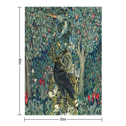 GREENERY, FOREST ANIMALS ,RAVEN ON ACANTHUS LEAVES Blue Green Floral Throw Blanket
