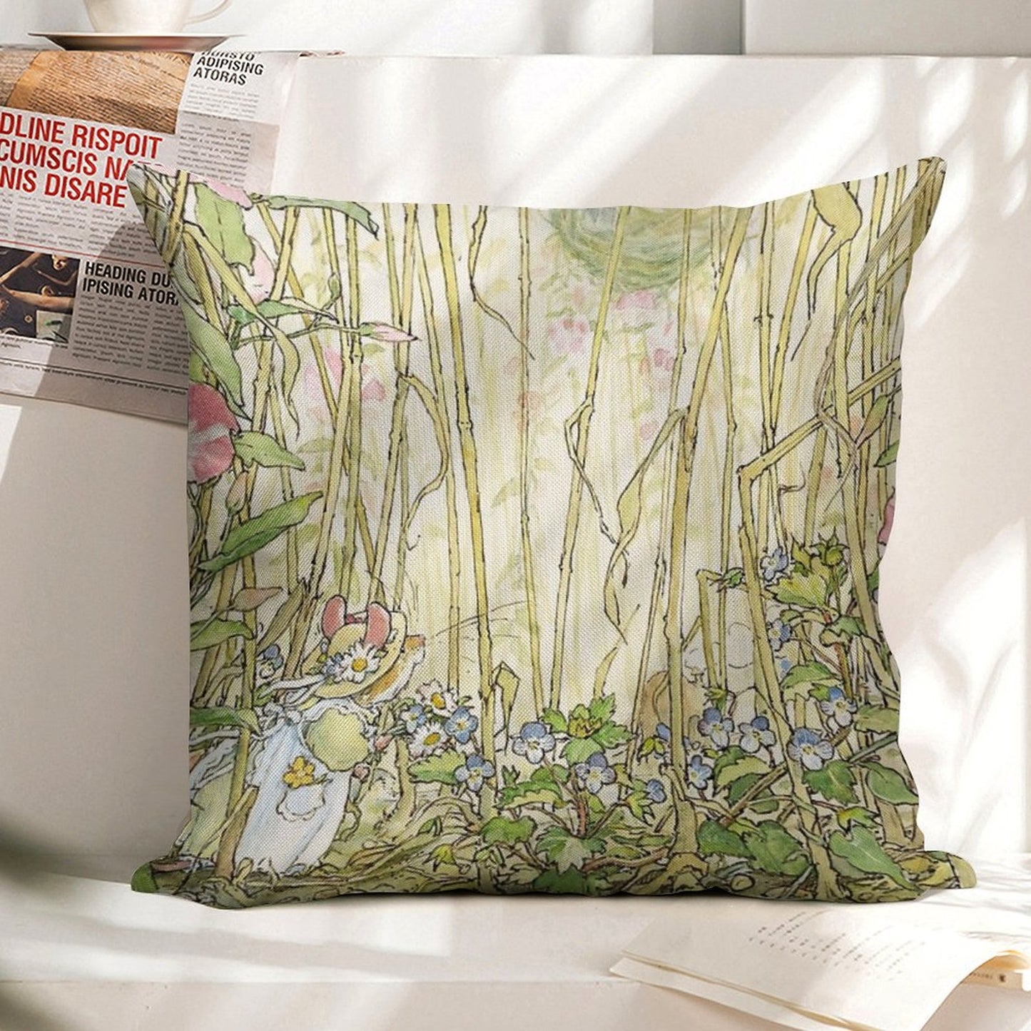 Primrose Gathering Flowers Linen Throw Pillow Cover