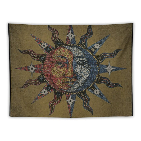 Vintage Celestial Mosaic Sun & Moon Tapestry