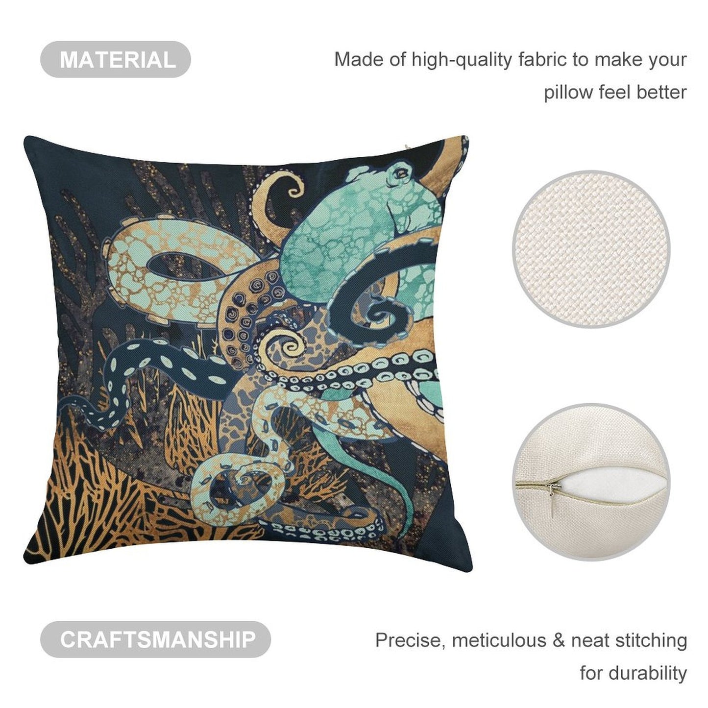Metallic Octopus II Linen Throw Pillow Cover