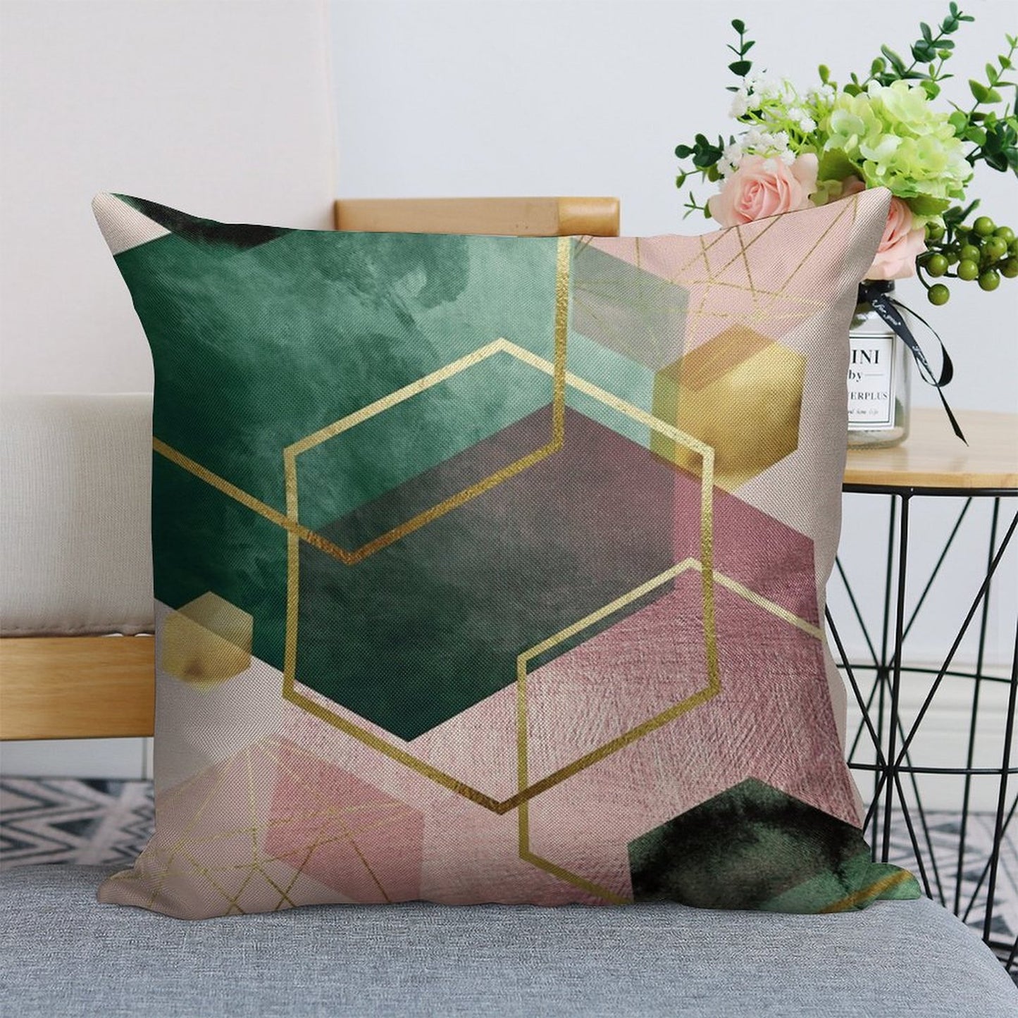 Emerald Green And Pink Geo No 1 Linen Throw Pillow Cover