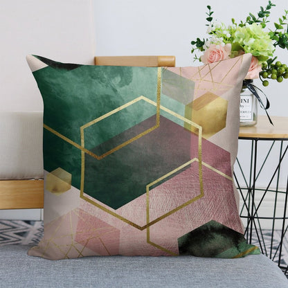 Emerald Green And Pink Geo No 1 Linen Throw Pillow Cover
