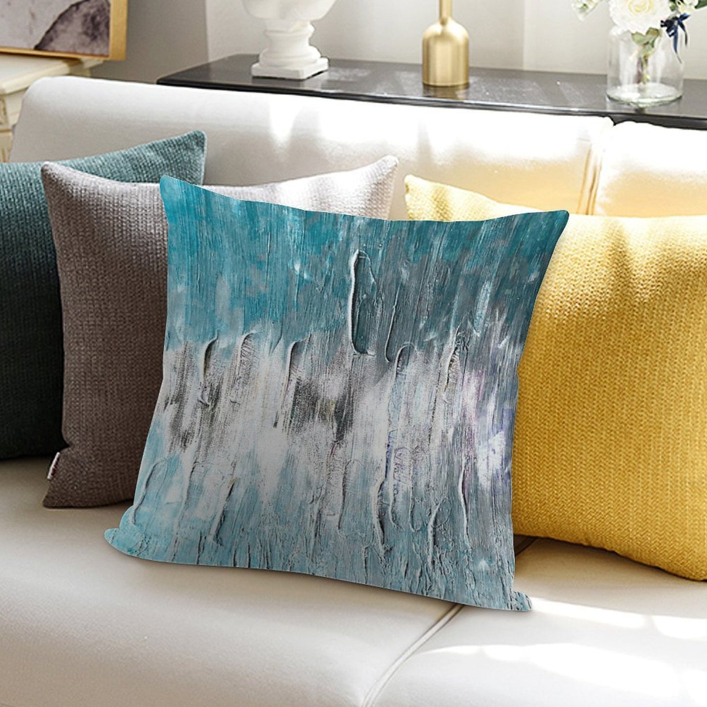 Ocean Teal And Blue Waves Abstract Soft Reinforced Edging Throw Pillow