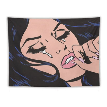 Black Hair Crying Comic Girl Tapestry