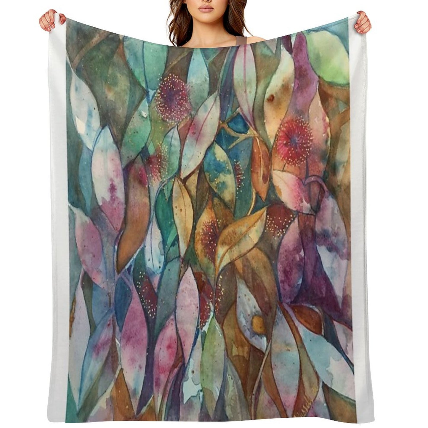 Watercolor Gum Blossoms in Green And Pink Throw Blanket