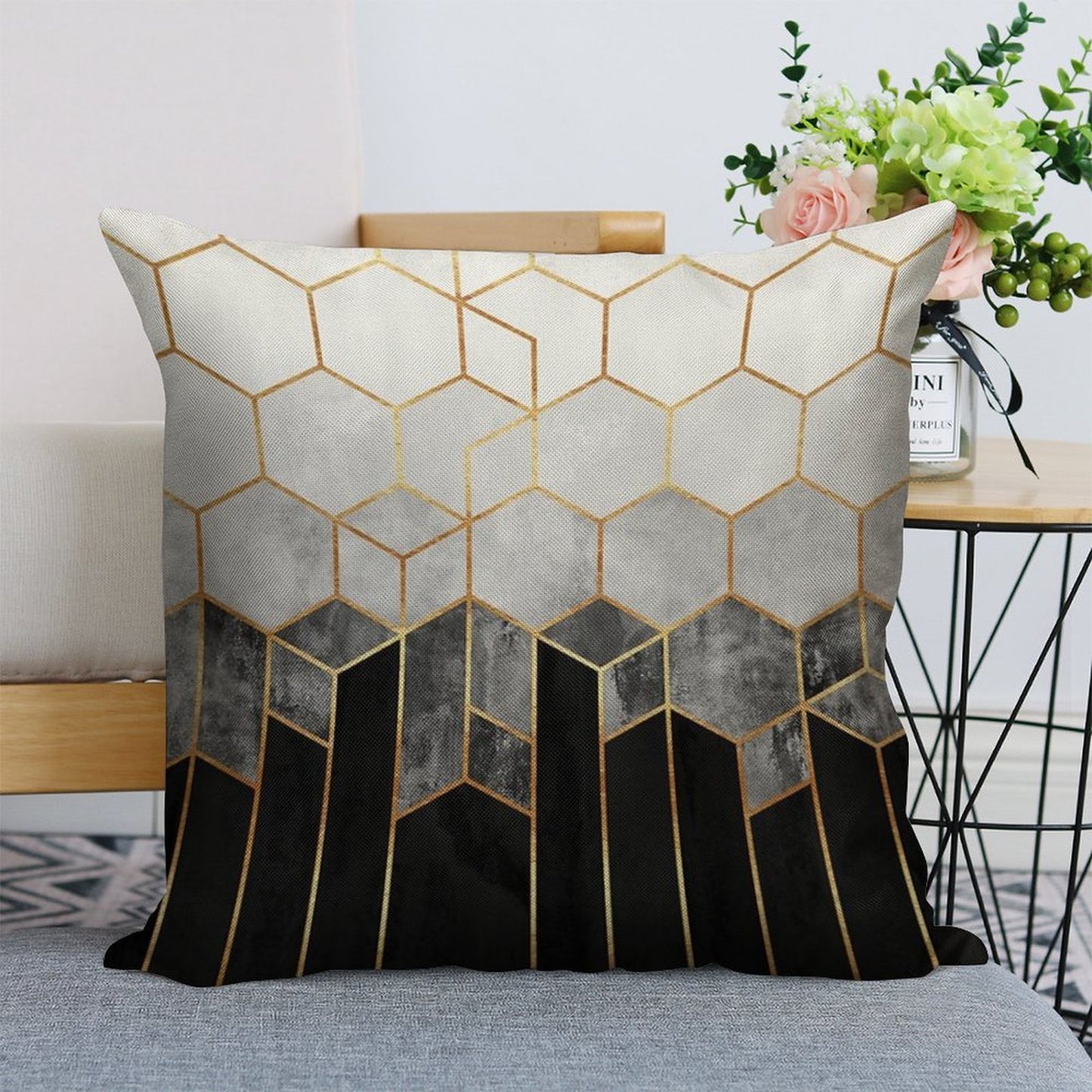 Charcoal Hexagons Linen Throw Pillow Cover