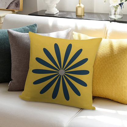 Big Daisy in Navy Blue And Grey on Light Mustard Yellow. Minimalist Mid Century Modern Geometric Retro Floral Soft Multiple Sizes Throw Pillow