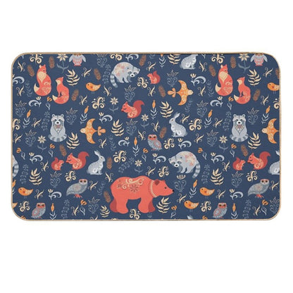 Fairy-tale Forest. Fox, Bear, Raccoon, Owls, Rabbits, Flowers And Herbs on A Blue Background.  Stain-Proof Bath Mat
