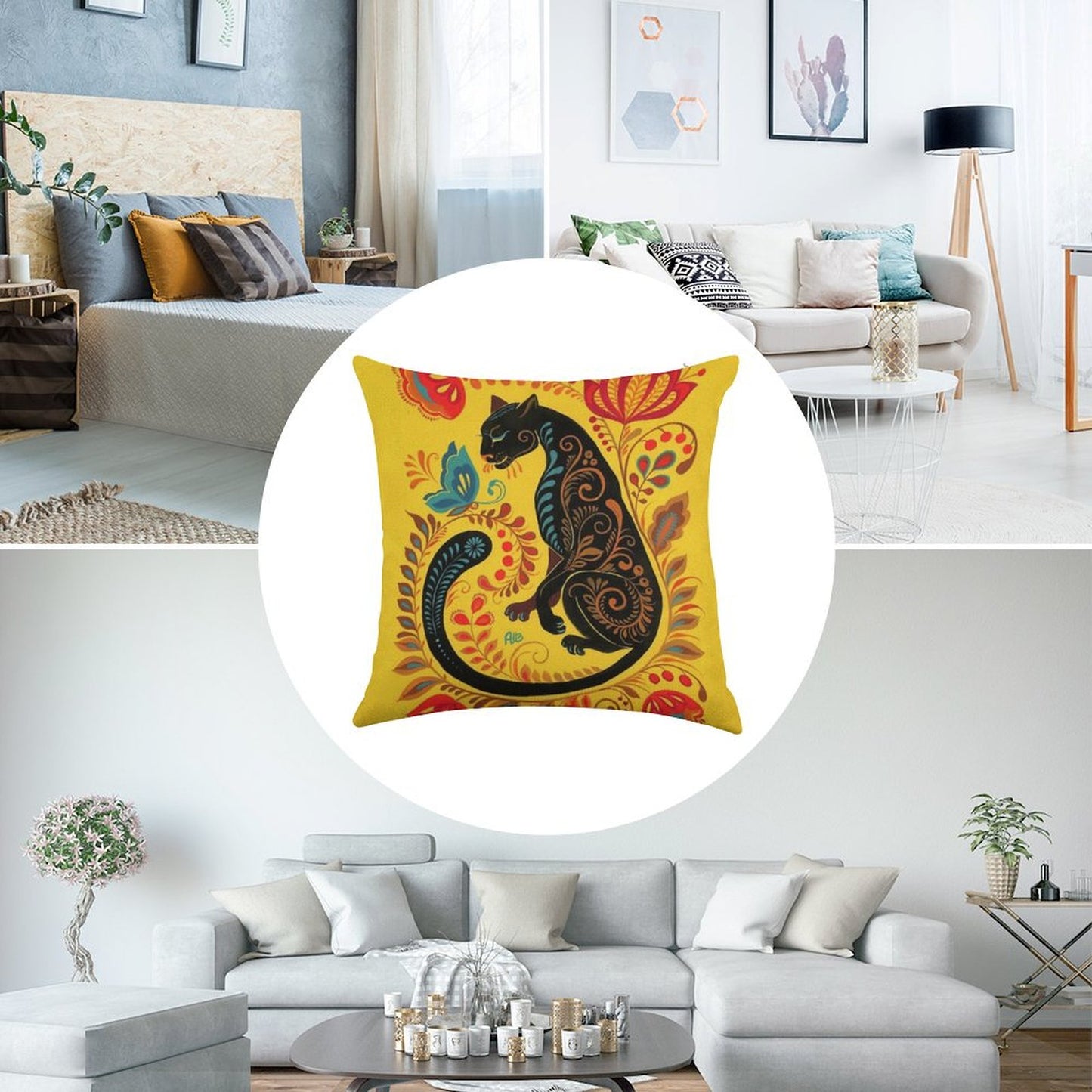 Panther & Butterfly Folk Art Linen Throw Pillow Cover