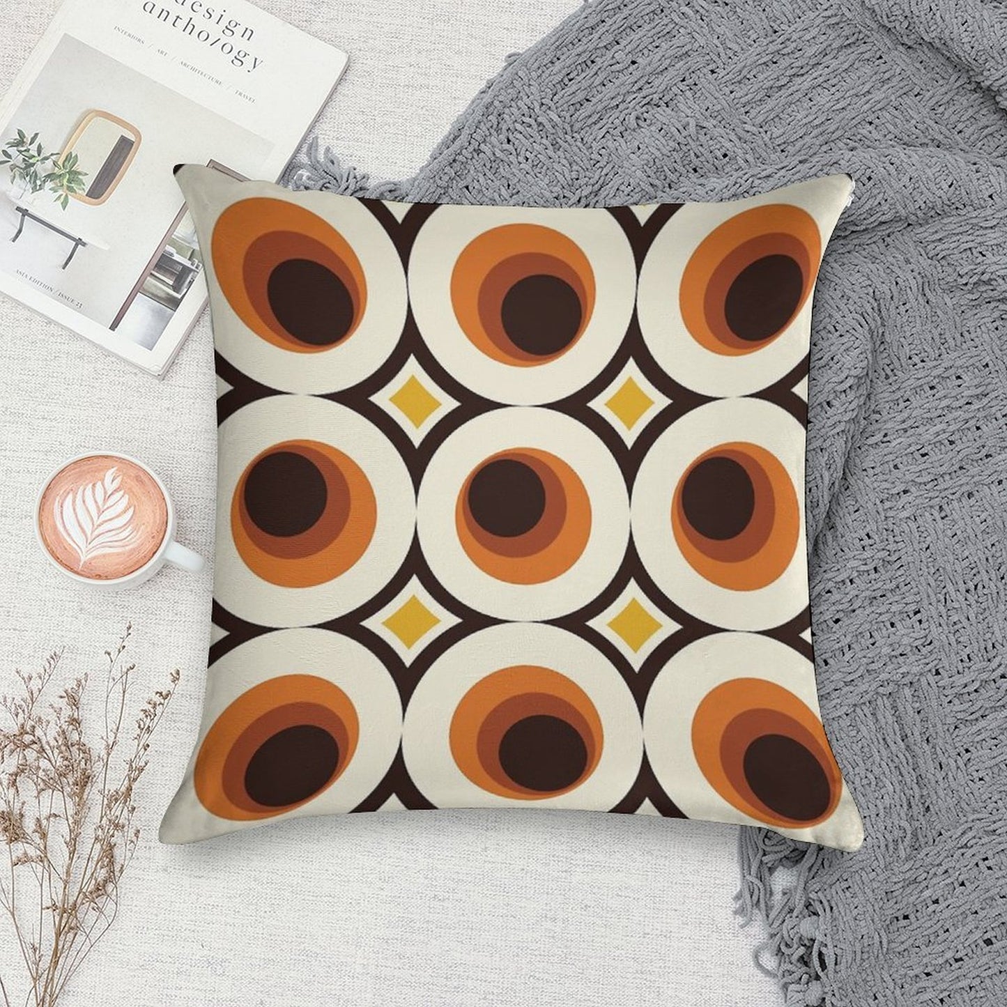 1970s Orange Mid-Century Modern Circle 1 Soft Shrink-Resistant Throw Pillow