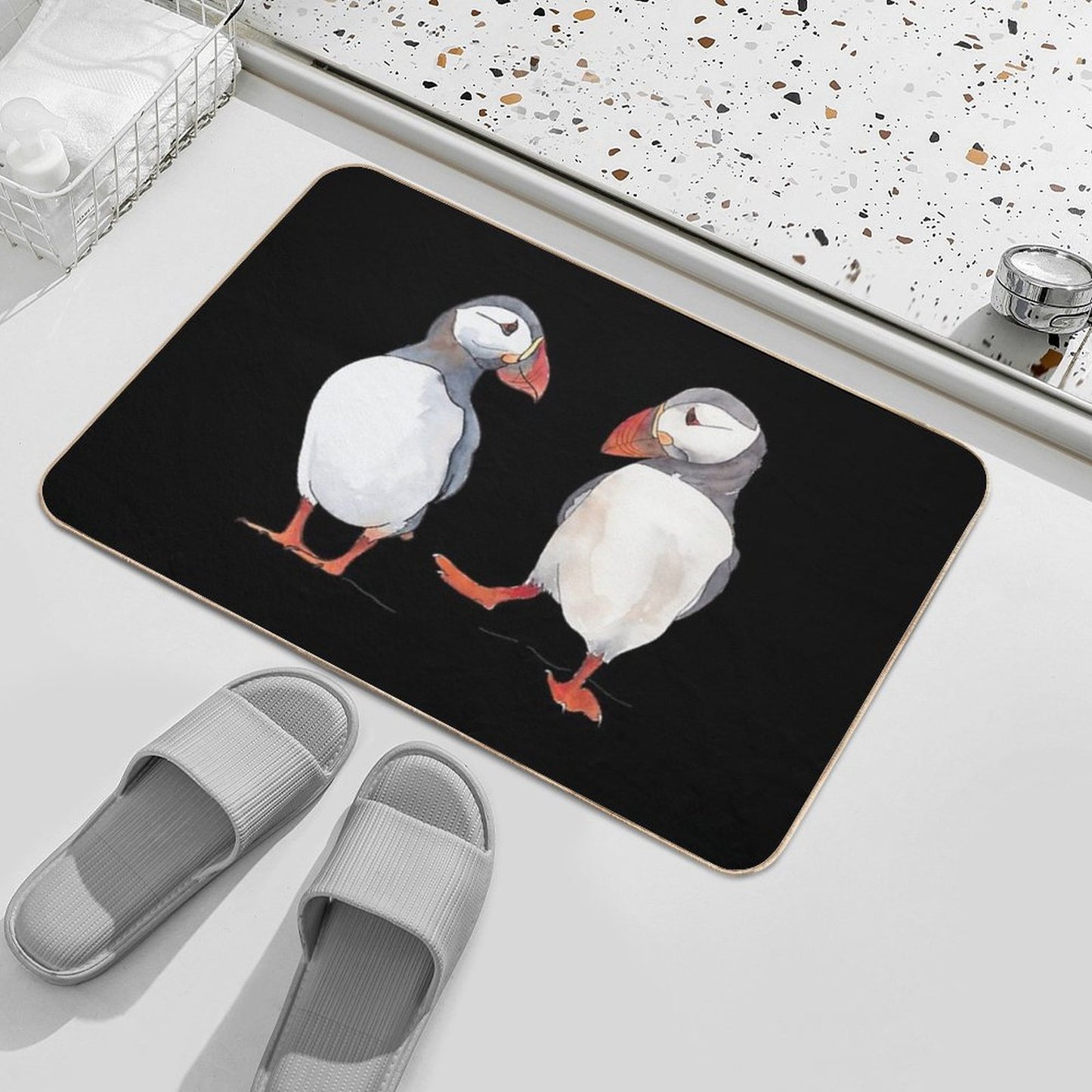 Puffin Friends Dancing - Illustration Bath Mat