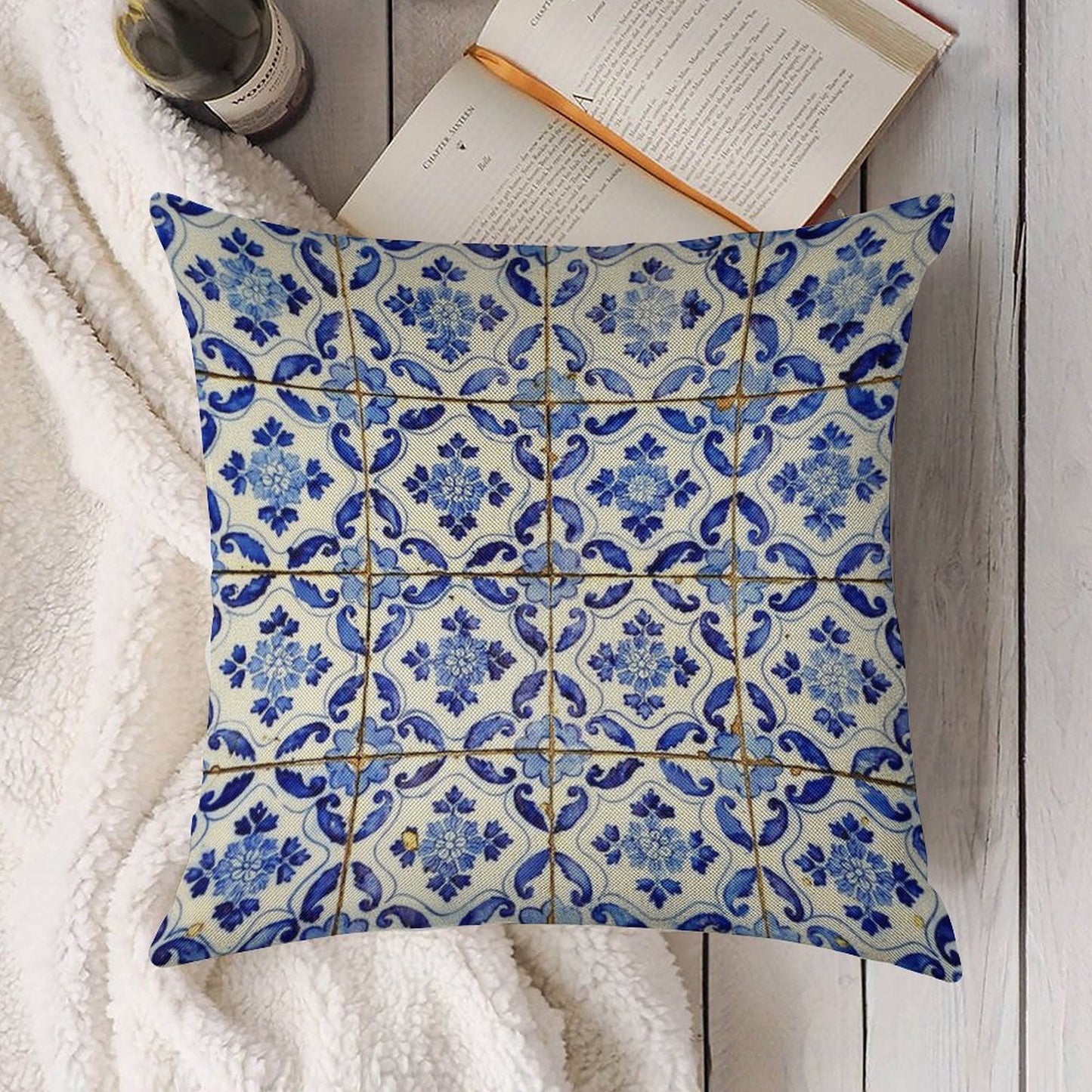 Portuguese Tiles. Blue Flowers And Leaves Linen Throw Pillow Cover