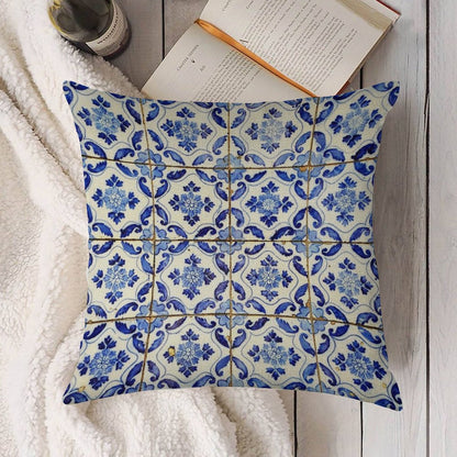 Portuguese Tiles. Blue Flowers And Leaves Linen Throw Pillow Cover