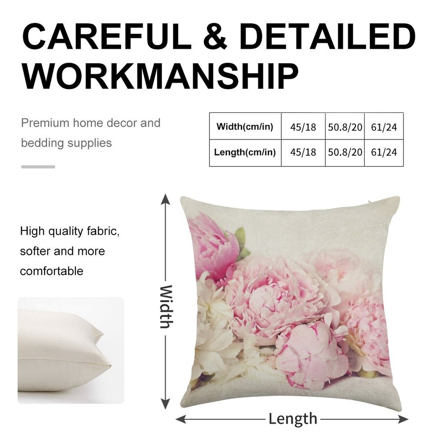 Peonies on White Linen Throw Pillow Cover