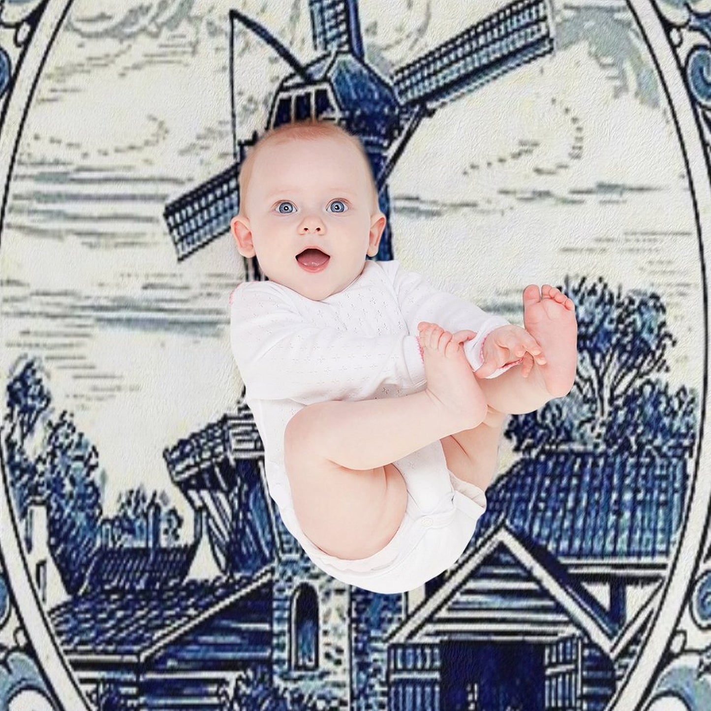 DUTCH BLUE DELFT  Vintage Windmill  Print Throw Blanket