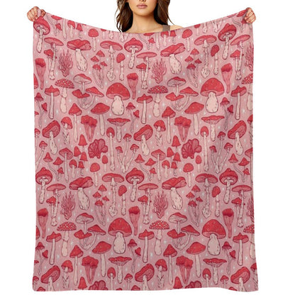 Deadly Mushrooms Red on Pink Throw Blanket