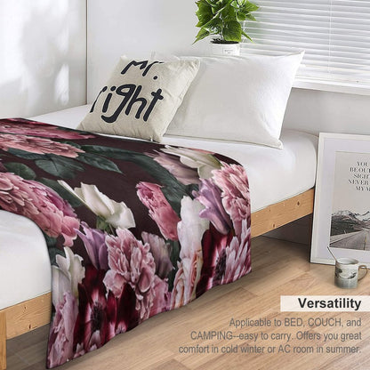 Vintage Bouquets of Pink Lush Peonies, Purple Tulips, Roses And Dark Red Anemones. Throw Blanket