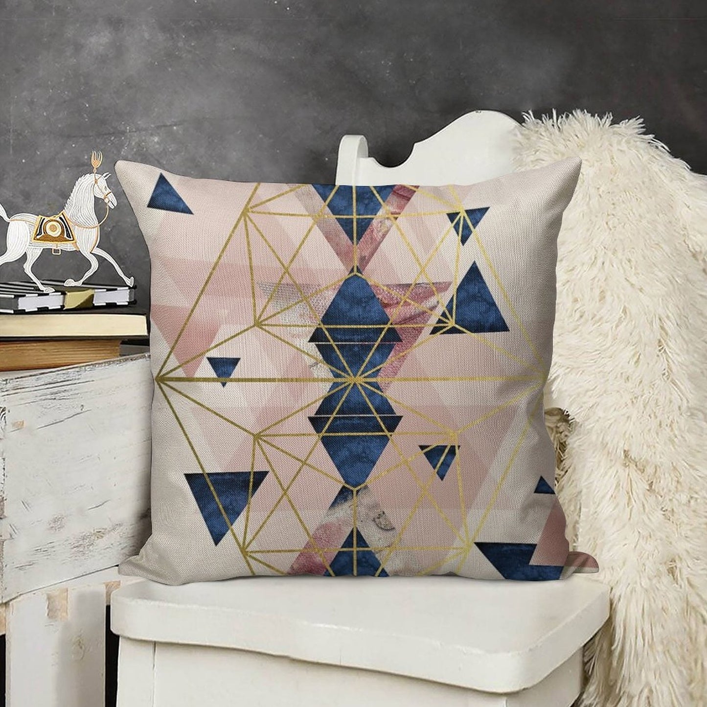 Blush Pink And Navy Geometric Linen Throw Pillow Cover