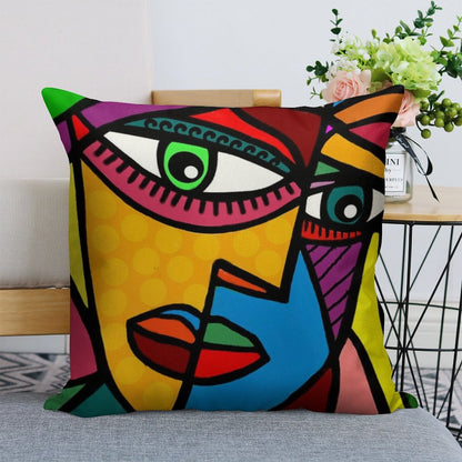 Funky Abstract Face Linen Throw Pillow Cover