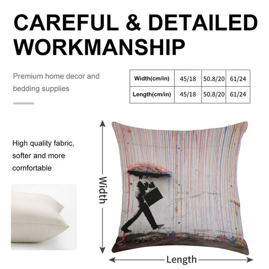 Banksy Umbrella Rainbow Happy Girl Linen Throw Pillow Cover