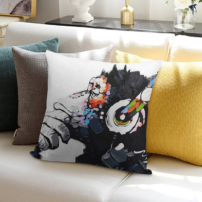 Banksy DJ Monkey Thinker with Headphones White Soft Home Decor Throw Pillow