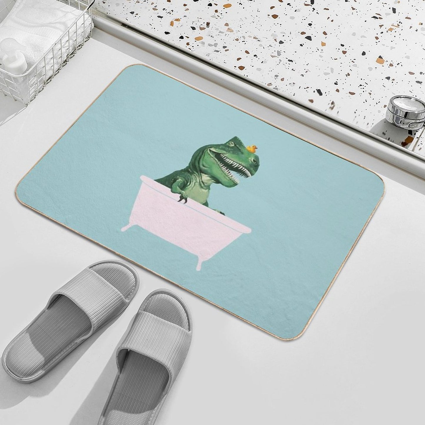 Playful T-Rex in Bathtub in Green Bath Mat