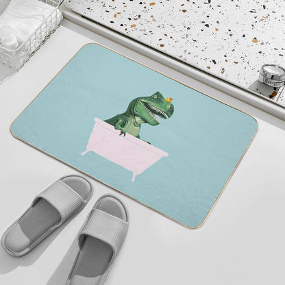 Playful T-Rex in Bathtub in Green Bath Mat