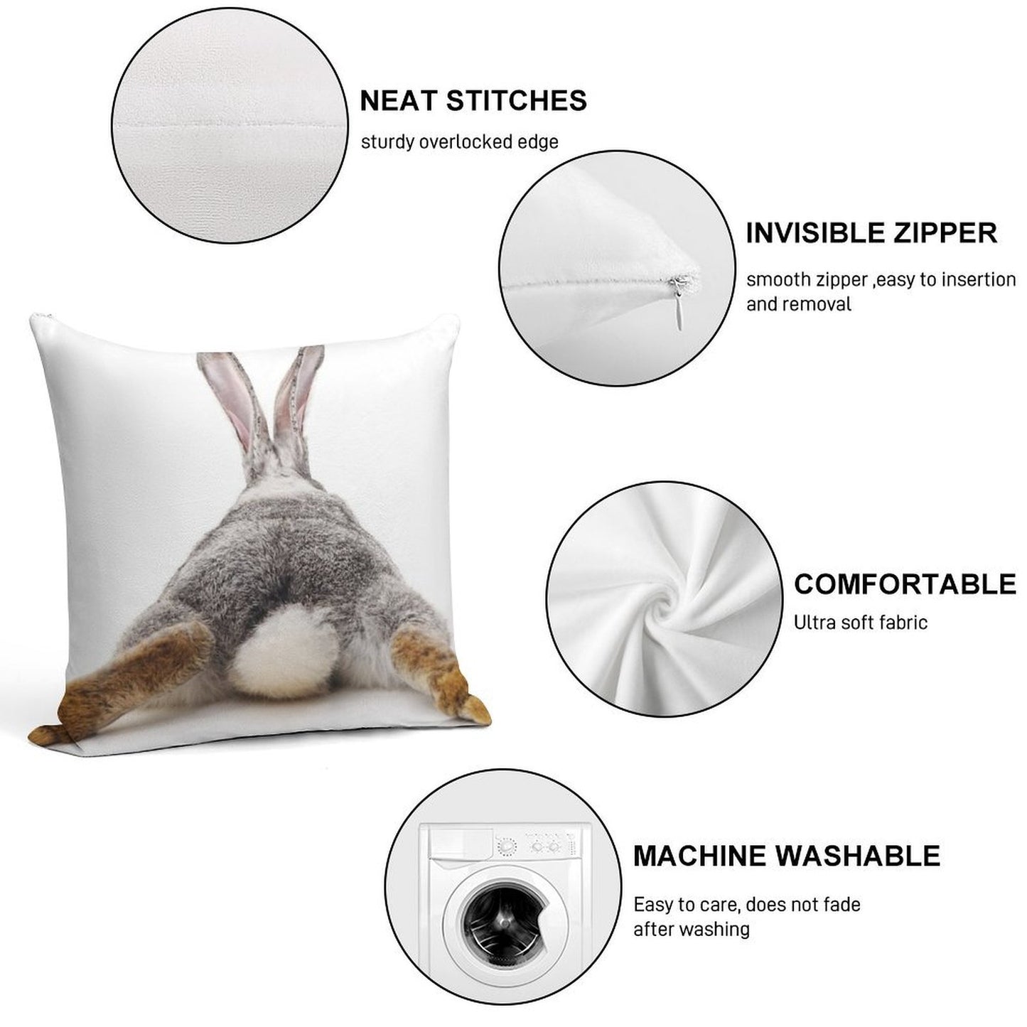 Just Relax Rabbit - View from Behind Soft Washable Throw Pillow