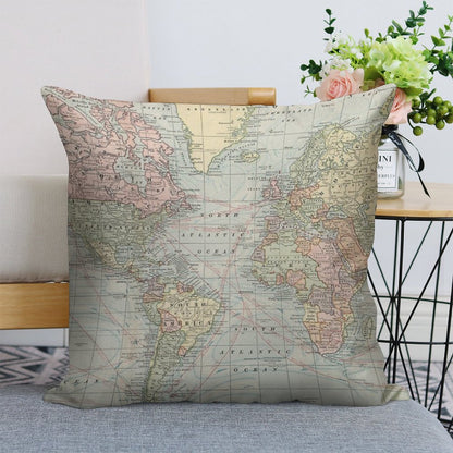 Vintage World Map Linen Throw Pillow Cover