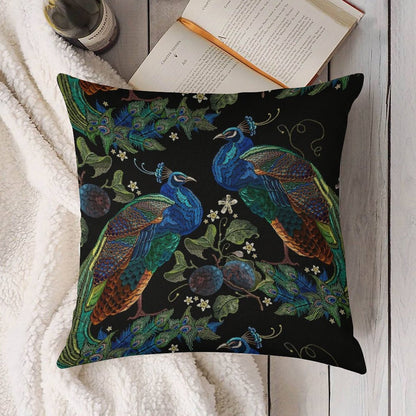 Embroidery Peacocks Linen Throw Pillow Cover