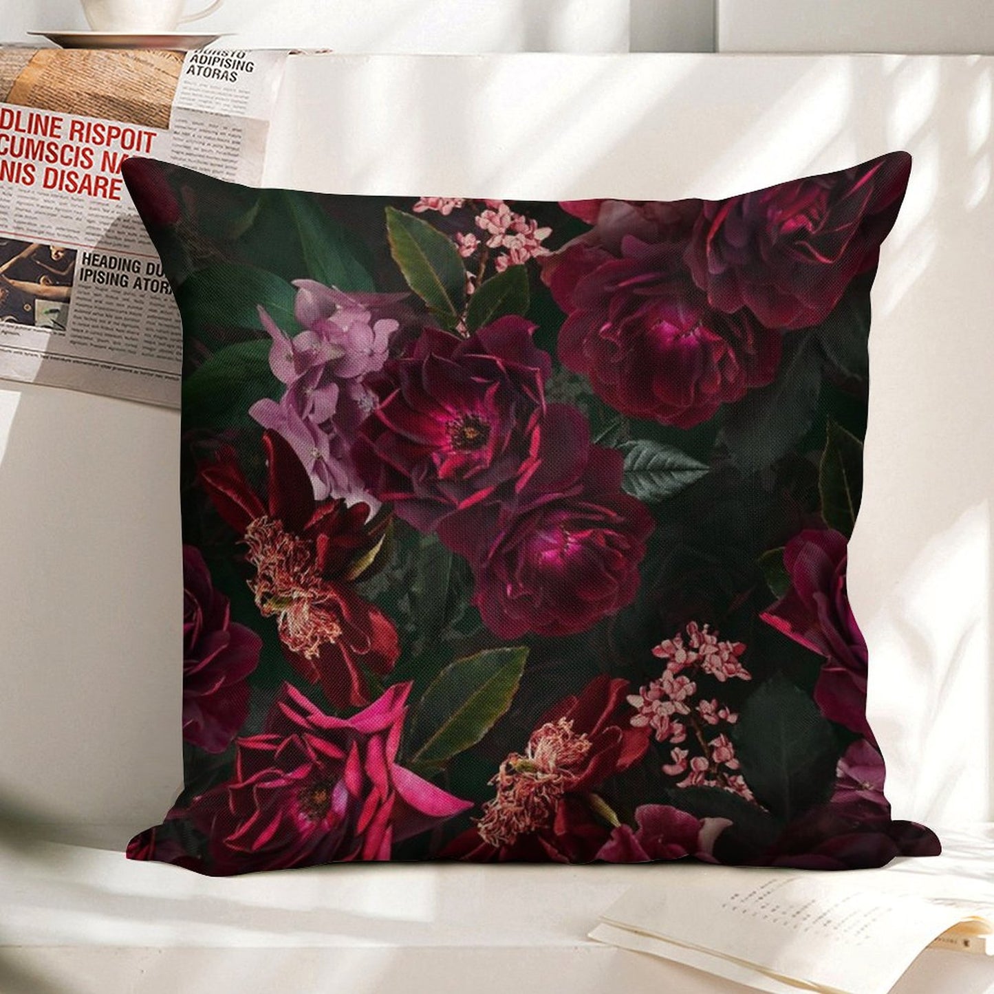 Antique Midnight Botanical Flower Rose Botanical Night Garden Nightgarden Linen Throw Pillow Cover