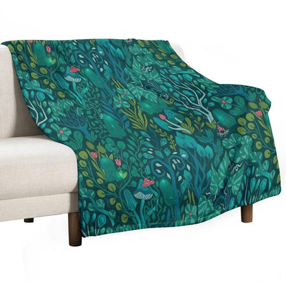 Emerald Forest Keepers. Fairy Woodland Creatures. Tree, Plants And Mushrooms Throw Blanket